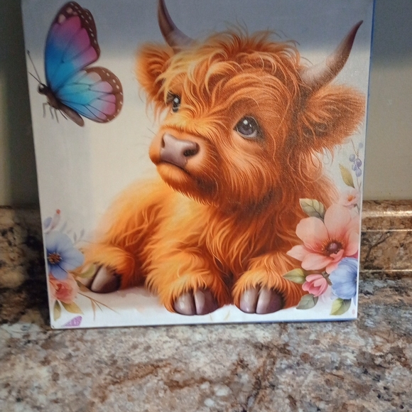 Hand Crafted Other - Hand Crafted Highland Cow and Butterfly Wall Art - Orange and Blue